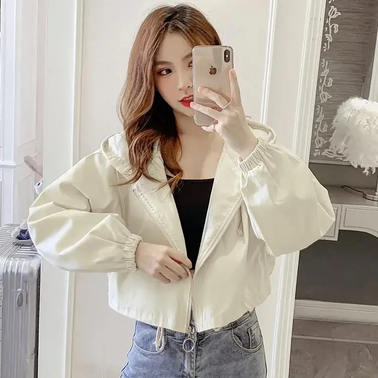Women's Green Hooded Jacket Short Sleeve Casual Korean Style — feature 5