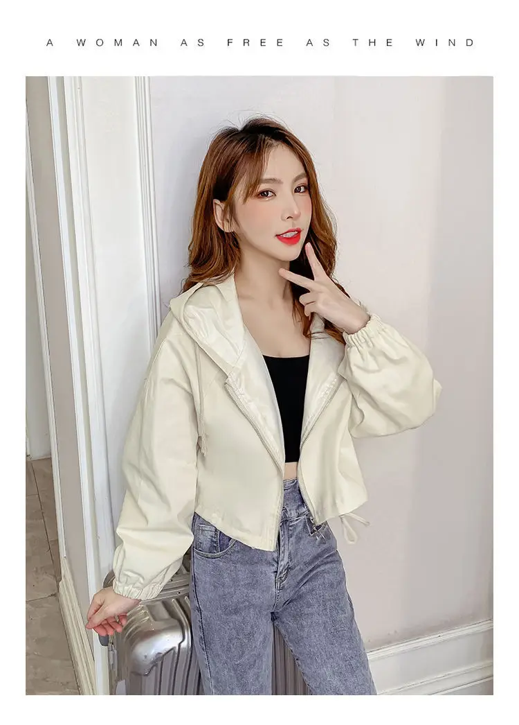 Women's Green Hooded Jacket Short Sleeve Casual Korean Style — feature 8