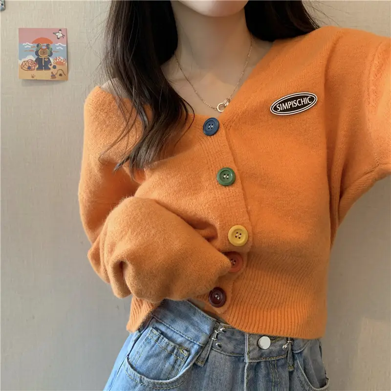 Women Knitted Cardigan Orange Spring Coat Winter Outerwear - Image 10