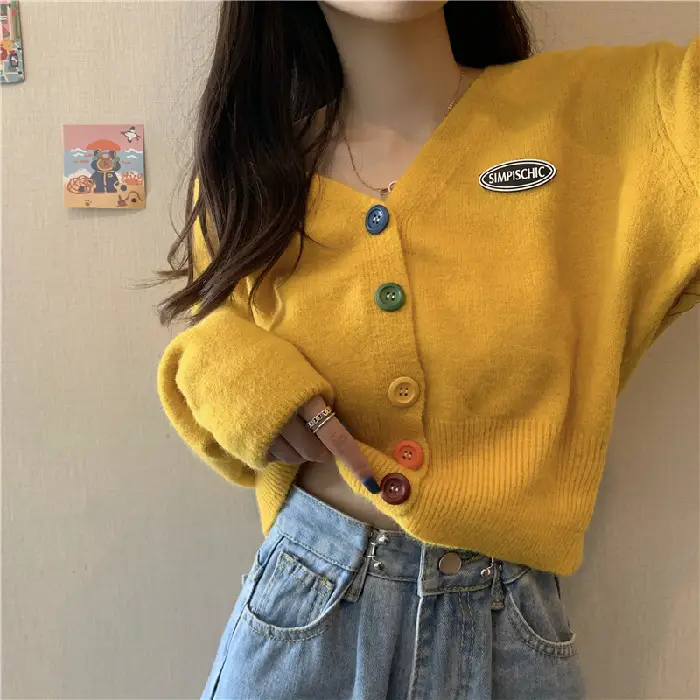 Women Knitted Cardigan Orange Spring Coat Winter Outerwear - Image 2