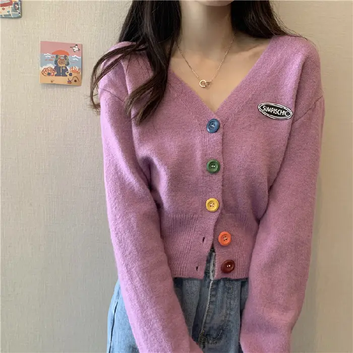 Women Knitted Cardigan Orange Spring Coat Winter Outerwear - Image 3