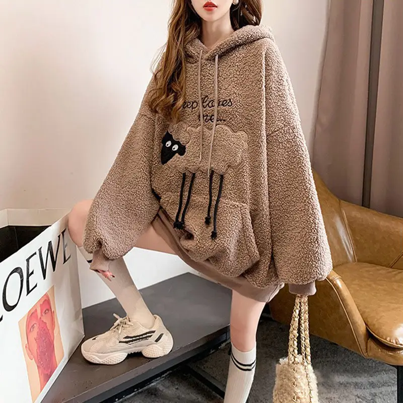 Women Hooded Wool Sweatshirt with Cartoon Embroidery - Image 5