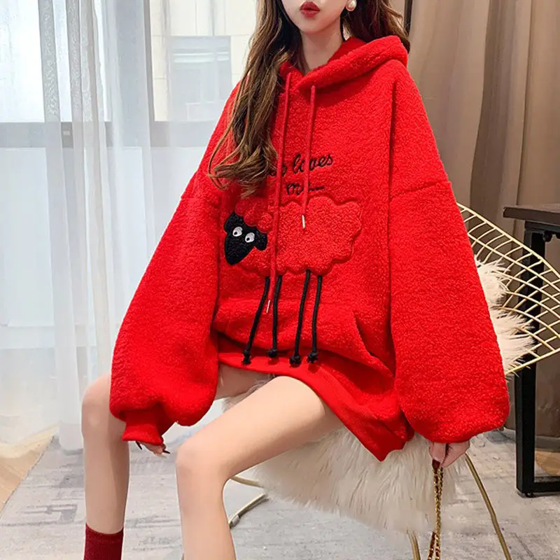 Women Hooded Wool Sweatshirt with Cartoon Embroidery - Image 6