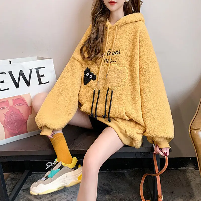 Women Hooded Wool Sweatshirt with Cartoon Embroidery - Image 7