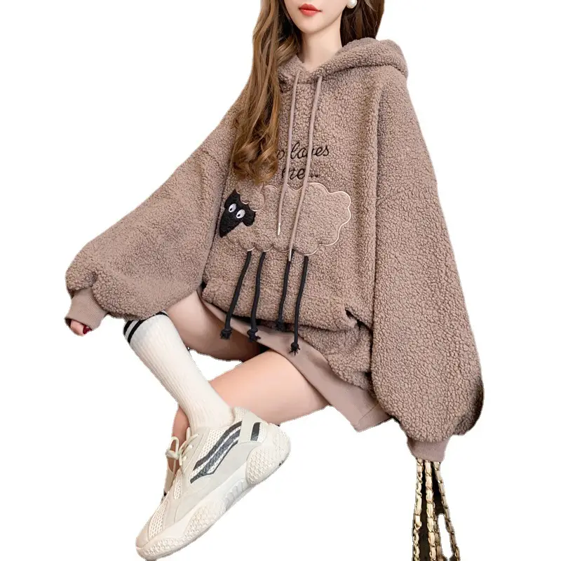 Women Hooded Wool Sweatshirt with Cartoon Embroidery - Image 8