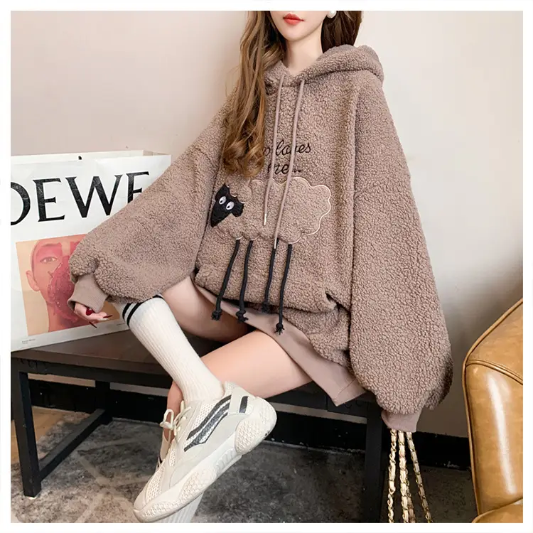 Women Hooded Wool Sweatshirt with Cartoon Embroidery — feature 1