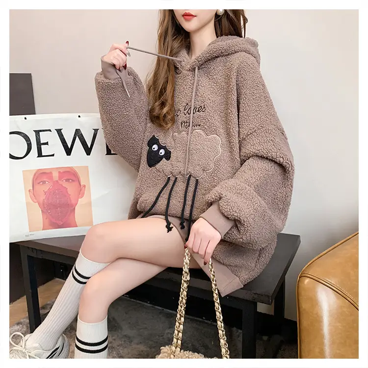Women Hooded Wool Sweatshirt with Cartoon Embroidery — feature 5