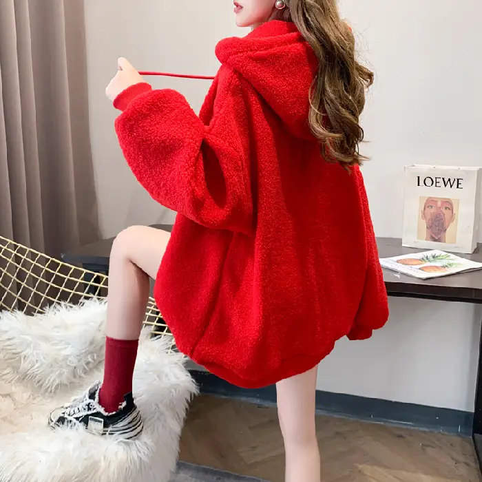 Women Hooded Wool Sweatshirt with Cartoon Embroidery - Image 2