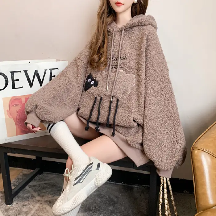 Women Hooded Wool Sweatshirt with Cartoon Embroidery - Image 3