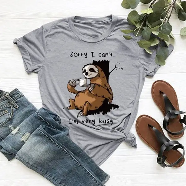 Women Cartoon Sloth Printed Yellow T-Shirt Short Sleeve - Image 6