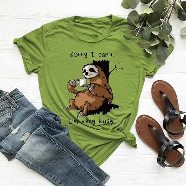 Women Cartoon Sloth Printed Yellow T-Shirt Short Sleeve - Image 7