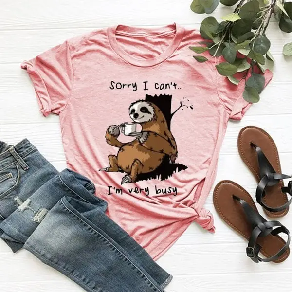 Women Cartoon Sloth Printed Yellow T-Shirt Short Sleeve - Image 8