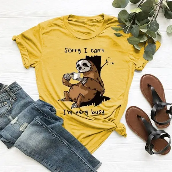 Women Cartoon Sloth Printed Yellow T-Shirt Short Sleeve - Image 4