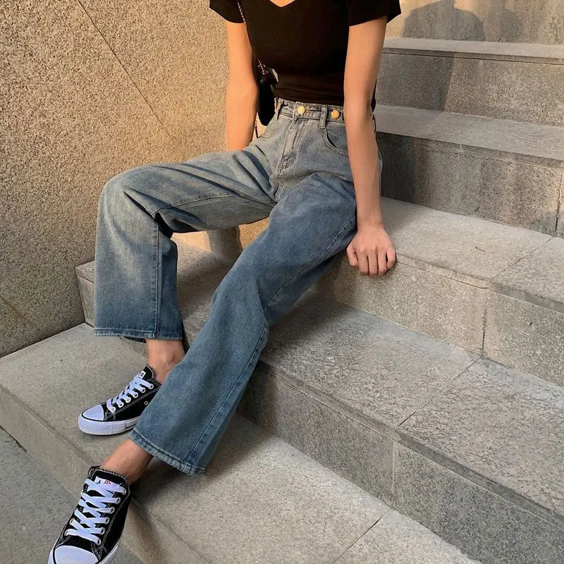 Women Wide Leg Jeans High Waist Slim Fit Blue 2021 - Image 3