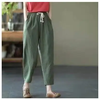 2021 Summer Cotton Hemp Pants Solid Beige Ankle Length - Image 11