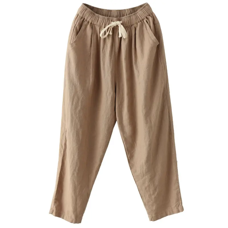2021 Summer Cotton Hemp Pants Solid Beige Ankle Length - Image 12