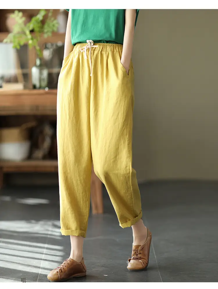 2021 Summer Cotton Hemp Pants Solid Beige Ankle Length — feature 18