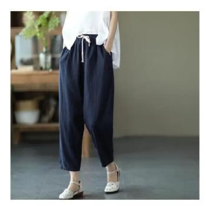 2021 Summer Cotton Hemp Pants Solid Beige Ankle Length - Image 2