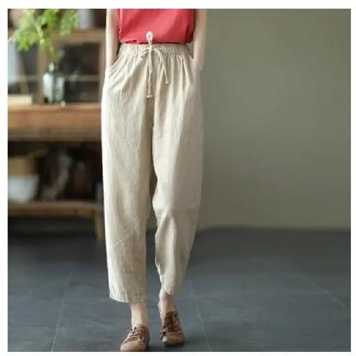 2021 Summer Cotton Hemp Pants Solid Beige Ankle Length - Image 3