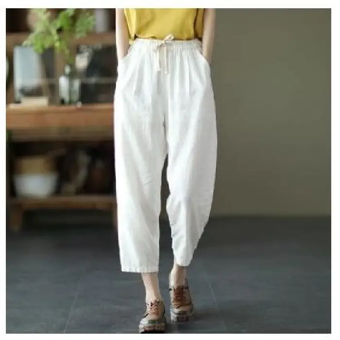 2021 Summer Cotton Hemp Pants Solid Beige Ankle Length - Image 4