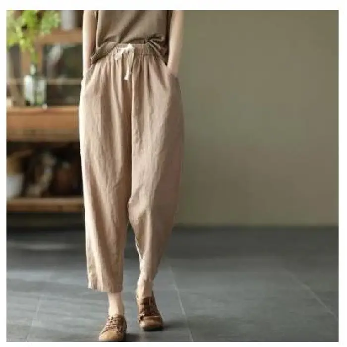 2021 Summer Cotton Hemp Pants Solid Beige Ankle Length - Image 5