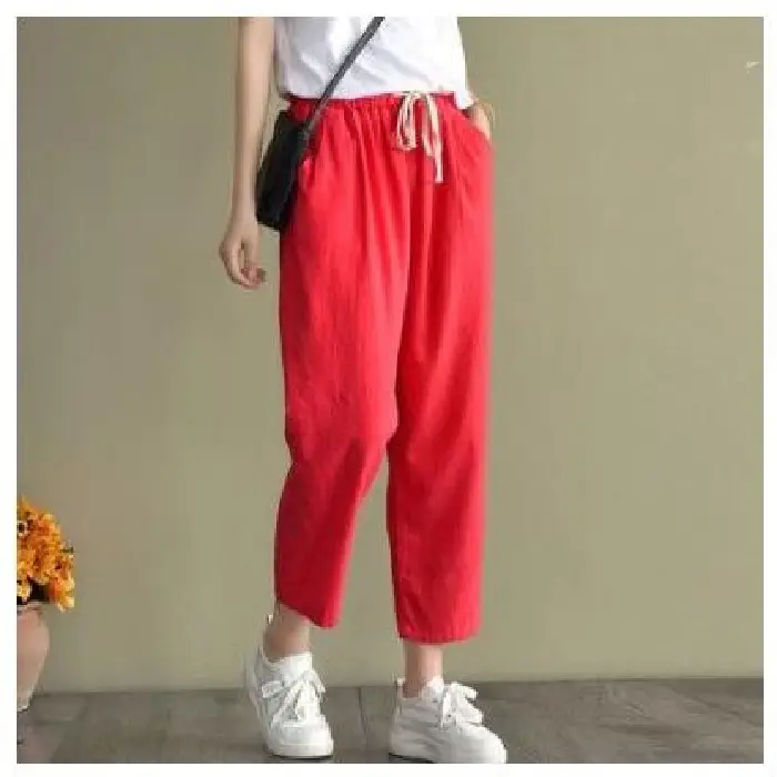 2021 Summer Cotton Hemp Pants Solid Beige Ankle Length - Image 7