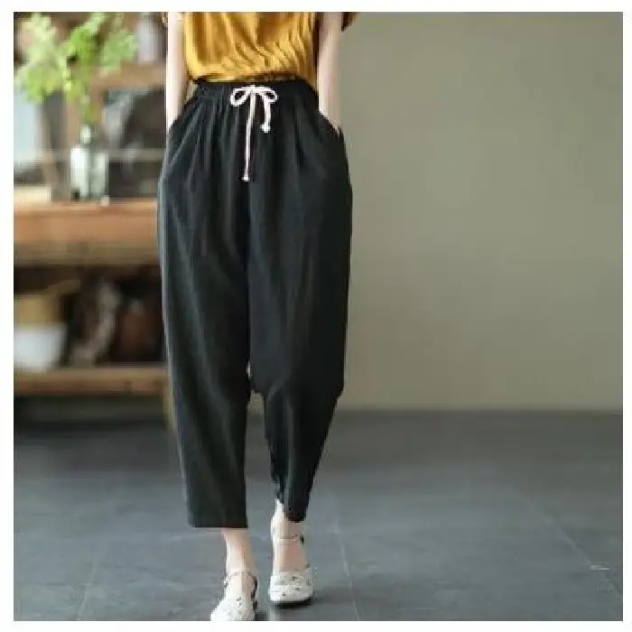 2021 Summer Cotton Hemp Pants Solid Beige Ankle Length - Image 8