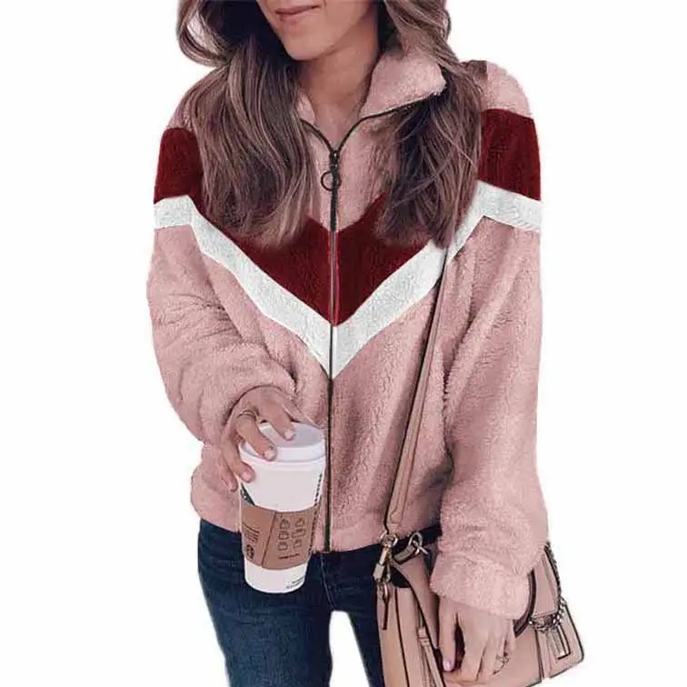 Women's 2022 Woolen Zipper Coat Maroon White Grey - Image 2