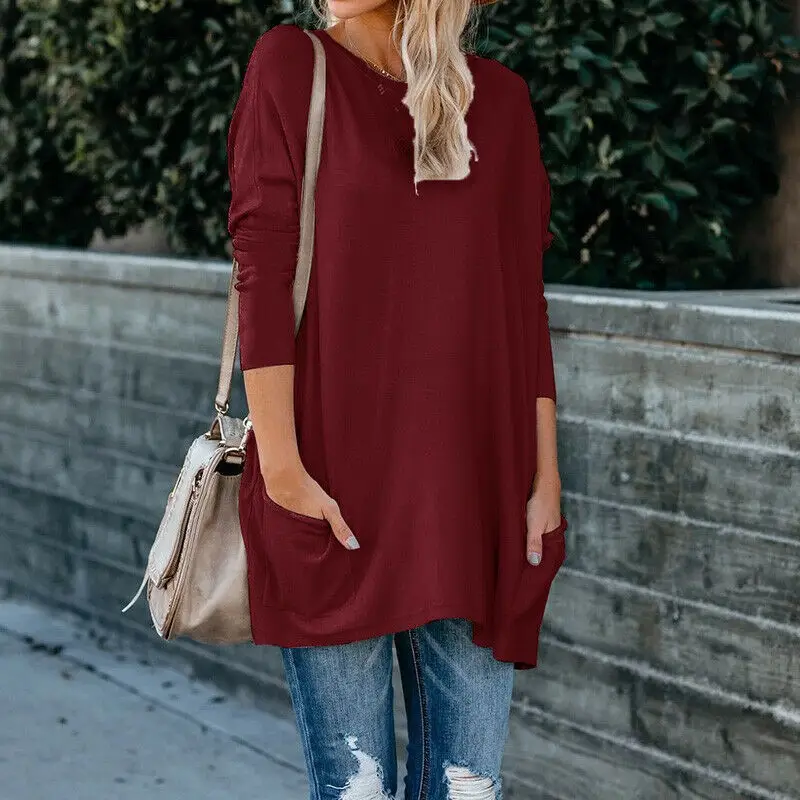 Women's Blue Round Neck Long Sleeve T-Shirt with Flap Pocket Pants Large - Image 15