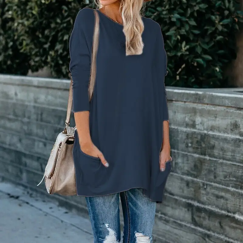 Women's Blue Round Neck Long Sleeve T-Shirt with Flap Pocket Pants Large - Image 16