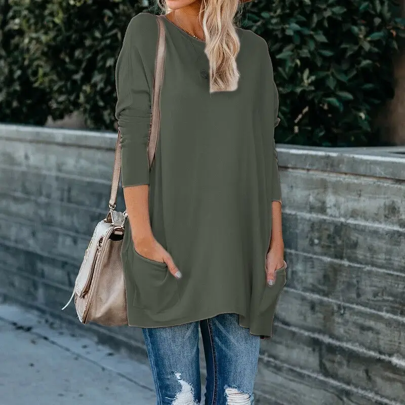Women's Blue Round Neck Long Sleeve T-Shirt with Flap Pocket Pants Large - Image 17