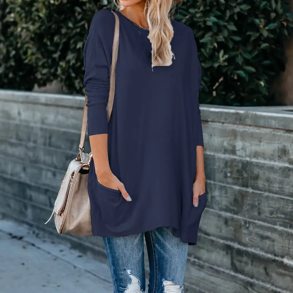 Women's Blue Round Neck Long Sleeve T-Shirt with Flap Pocket Pants Large - Image 10