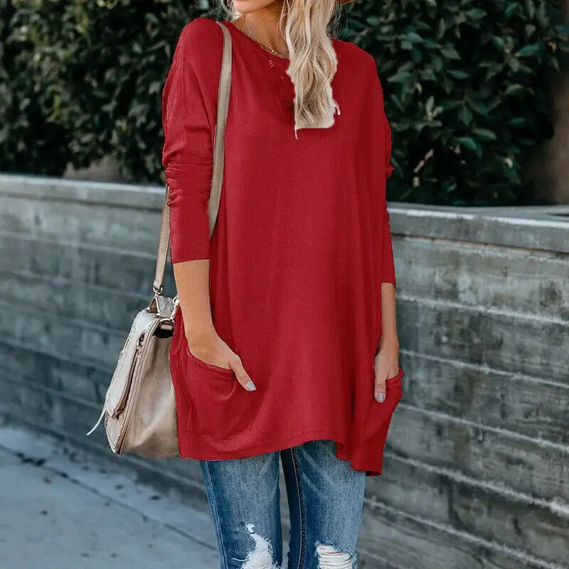 Women's Blue Round Neck Long Sleeve T-Shirt with Flap Pocket Pants Large - Image 11