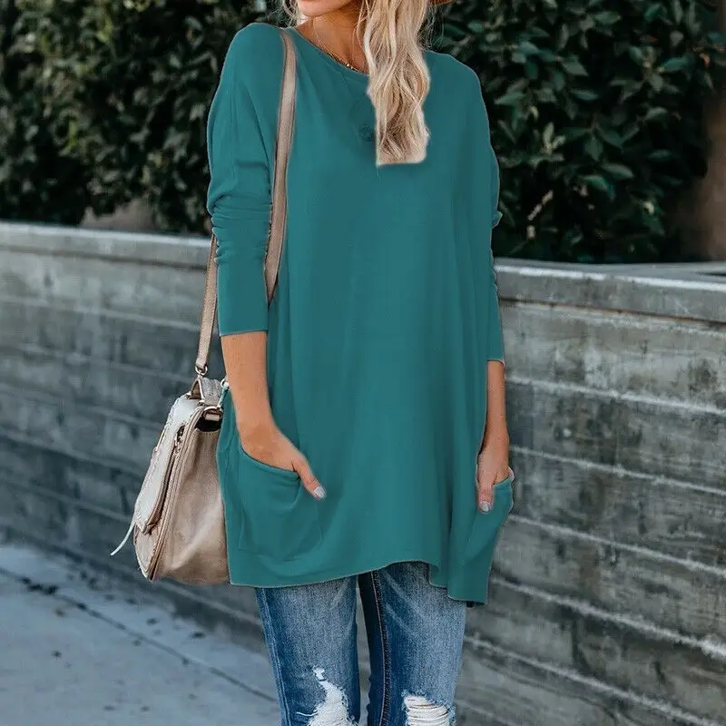 Women's Blue Round Neck Long Sleeve T-Shirt with Flap Pocket Pants Large - Image 12