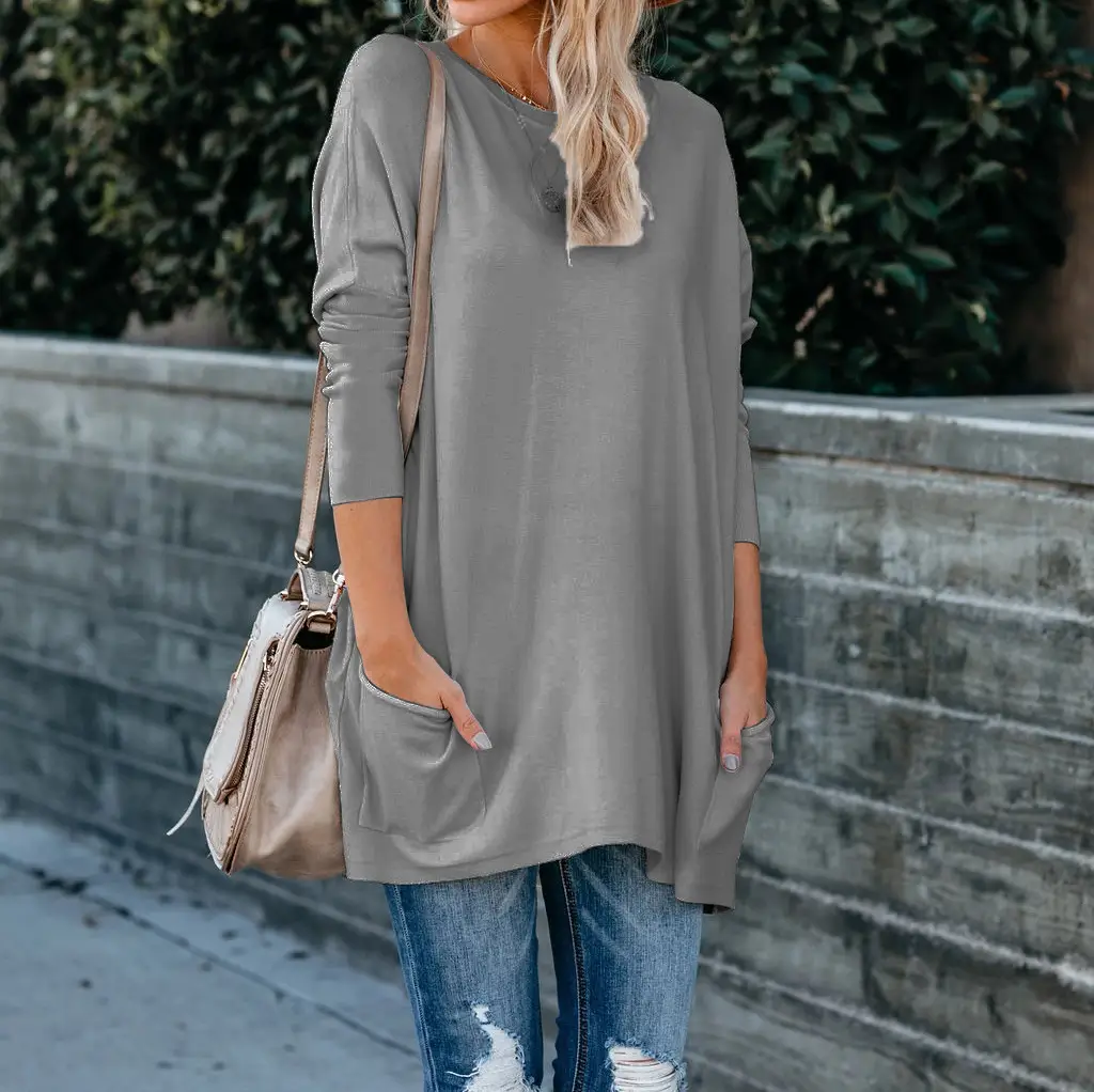 Women's Blue Round Neck Long Sleeve T-Shirt with Flap Pocket Pants Large - Image 2