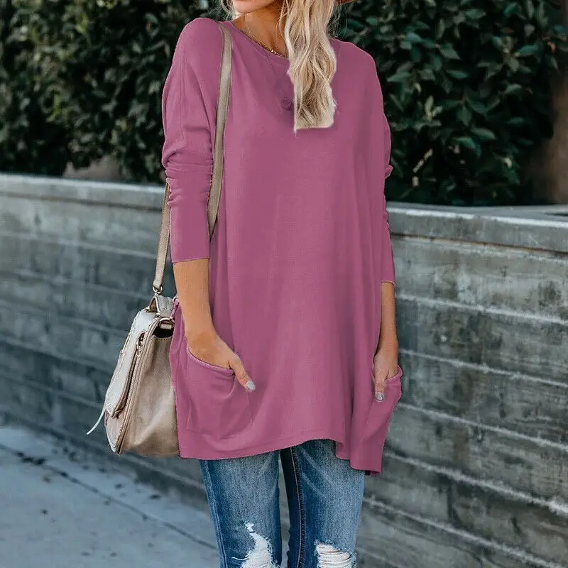 Women's Blue Round Neck Long Sleeve T-Shirt with Flap Pocket Pants Large - Image 3