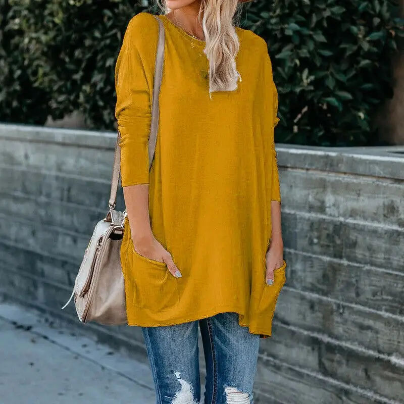 Women's Blue Round Neck Long Sleeve T-Shirt with Flap Pocket Pants Large - Image 4