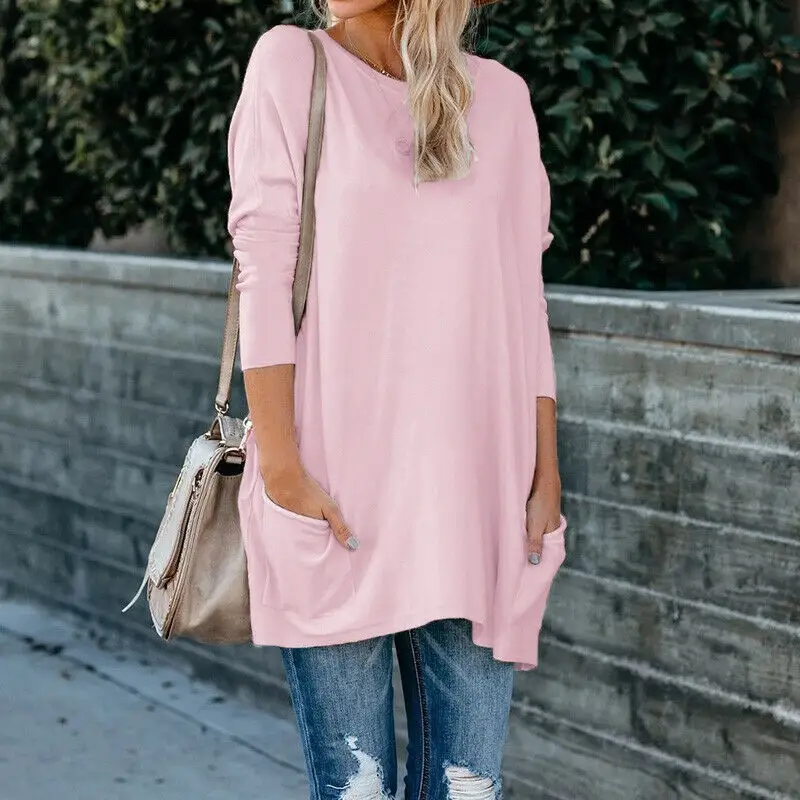 Women's Blue Round Neck Long Sleeve T-Shirt with Flap Pocket Pants Large - Image 5