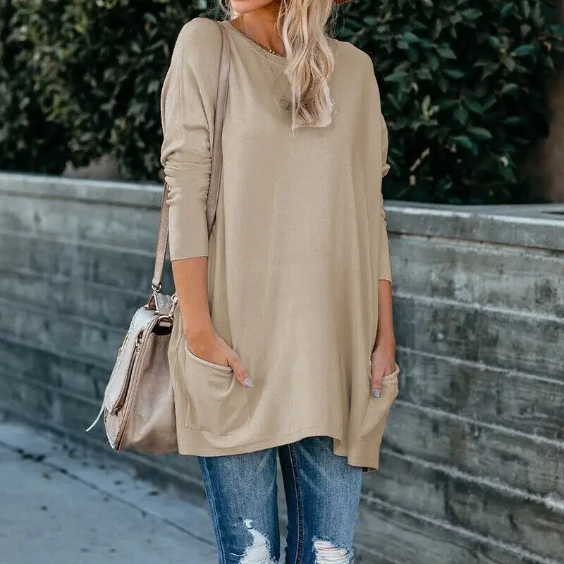Women's Blue Round Neck Long Sleeve T-Shirt with Flap Pocket Pants Large - Image 6