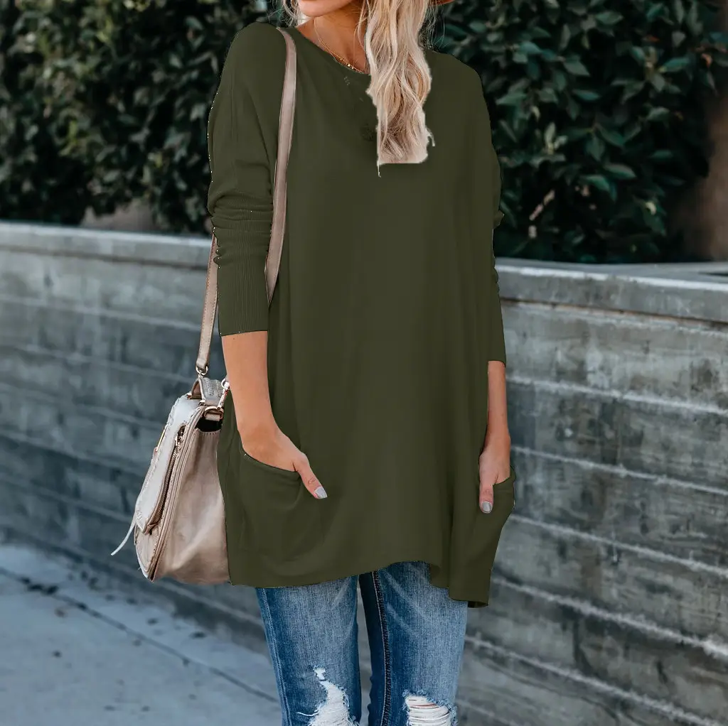 Women's Blue Round Neck Long Sleeve T-Shirt with Flap Pocket Pants Large - Image 8