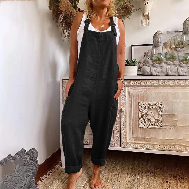 Women's Wide Leg Jumpsuit Cotton Linen Adjustable Button Set - Image 3