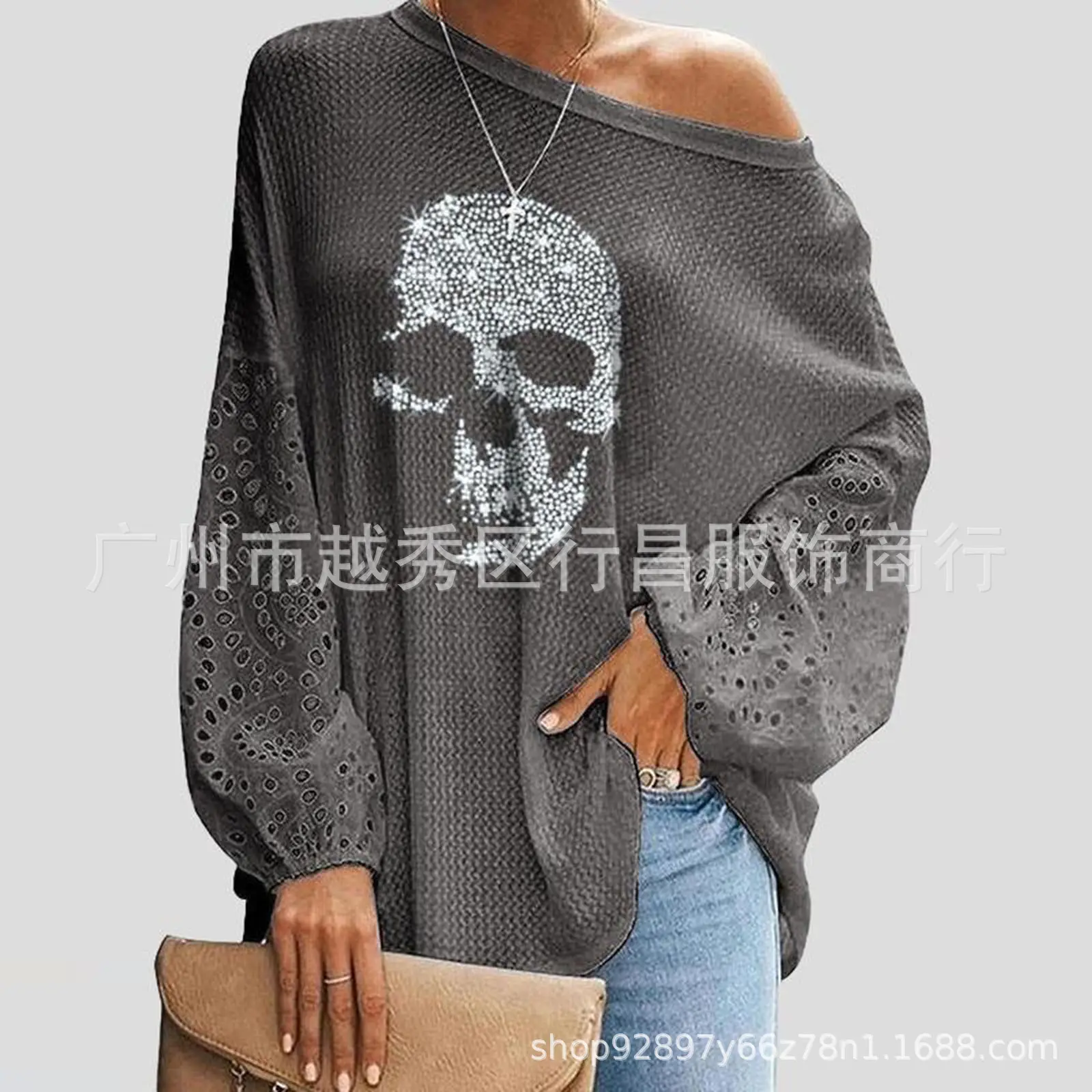 2021 Women's Skull Print Long Sleeve T-Shirt Black - Image 5