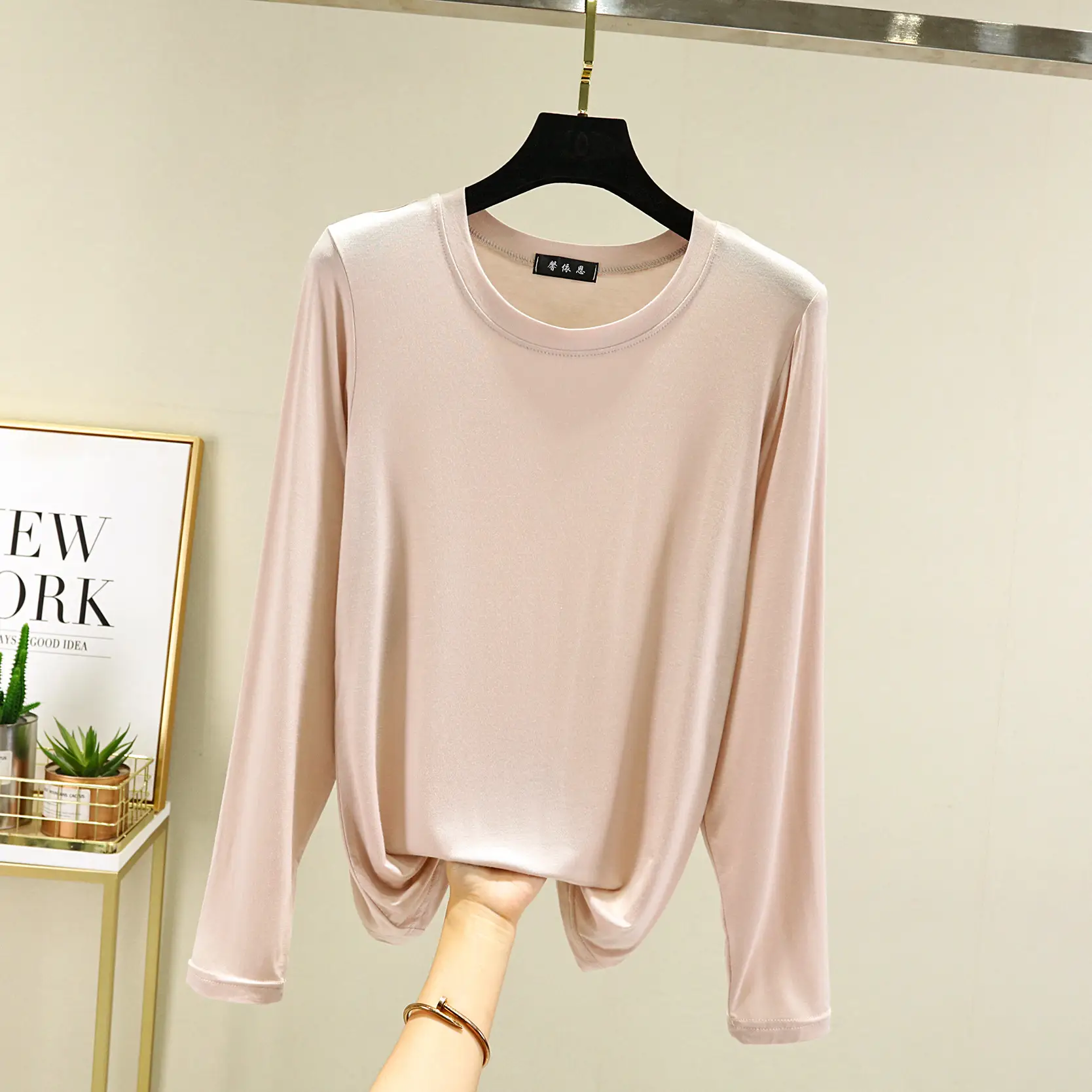Women's Pink Long Sleeve Crewneck T-Shirt - Image 3