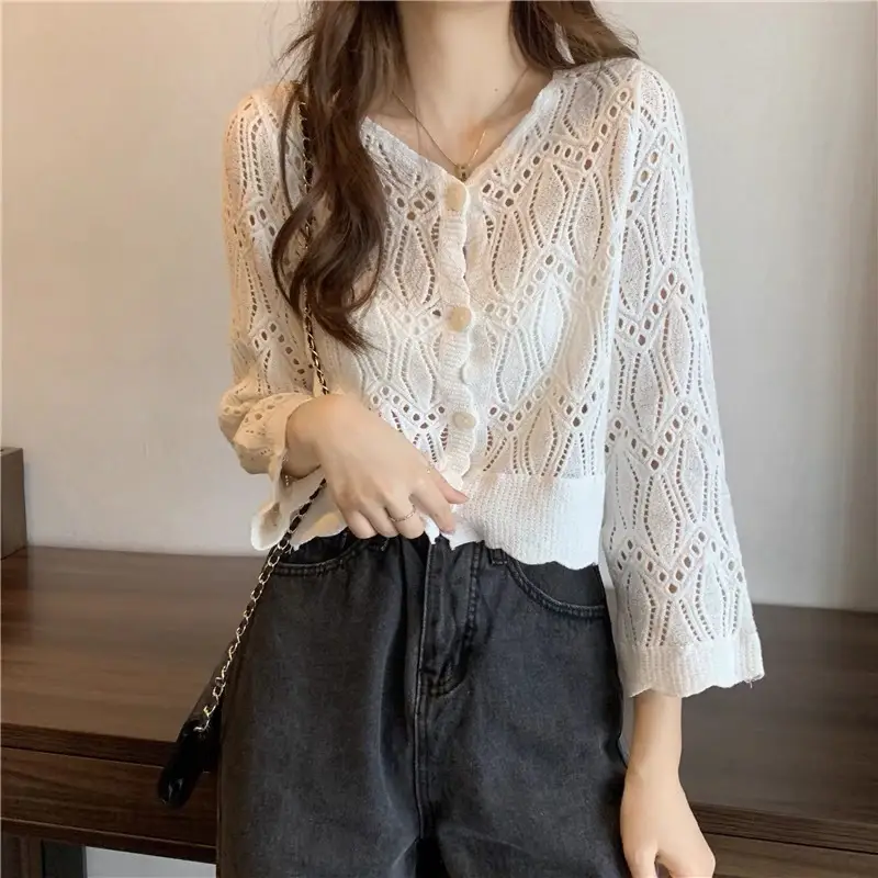 White Hollow Lace Knitted Cardigan for Women - Image 41