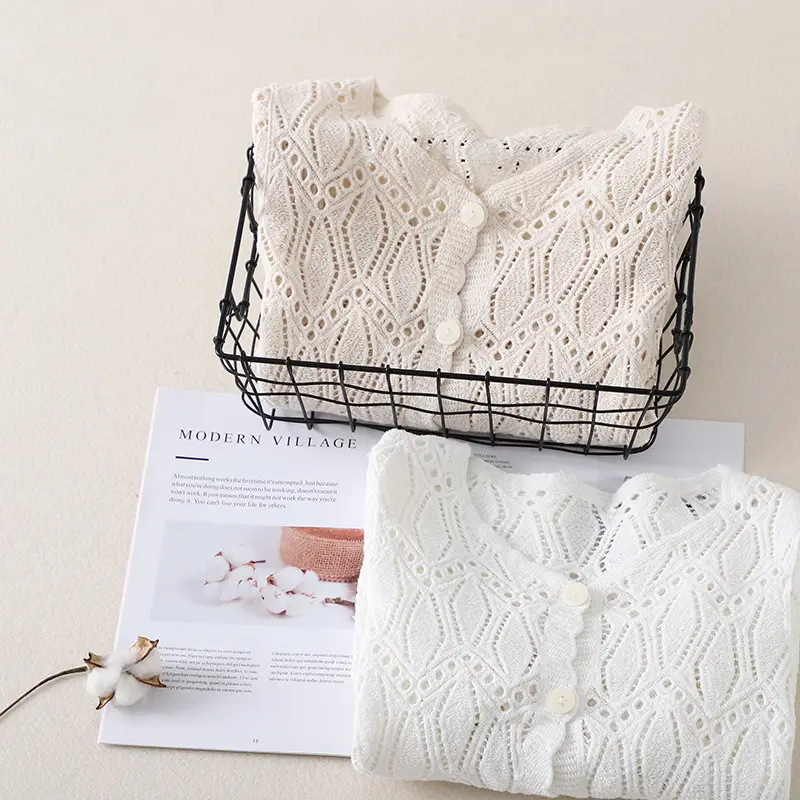 White Hollow Lace Knitted Cardigan for Women - Image 43