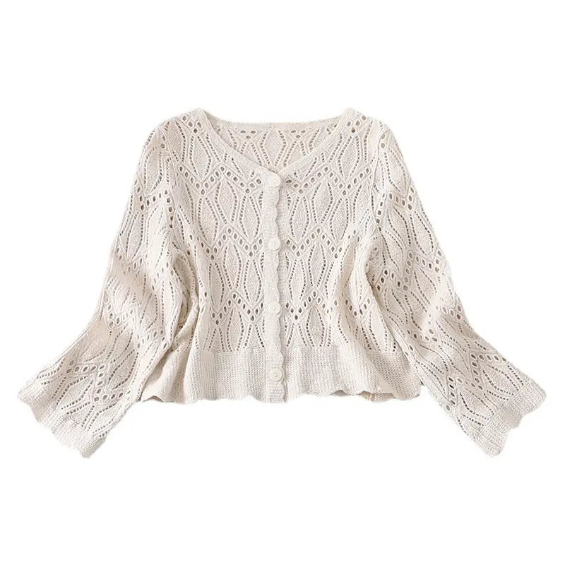White Hollow Lace Knitted Cardigan for Women - Image 44