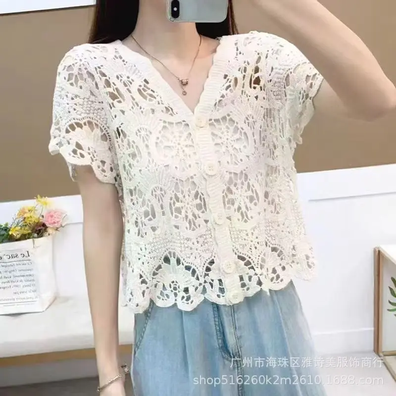 White Hollow Lace Knitted Cardigan for Women - Image 22