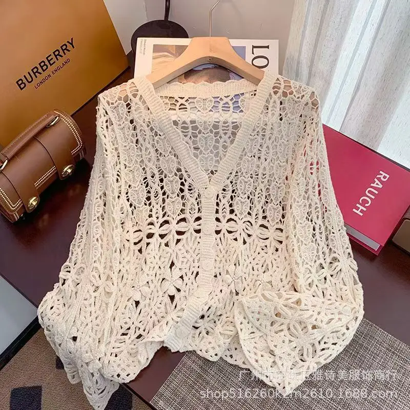 White Hollow Lace Knitted Cardigan for Women - Image 31