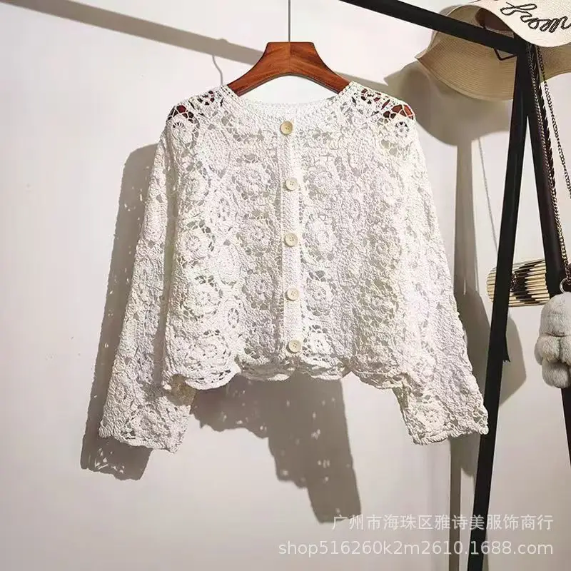White Hollow Lace Knitted Cardigan for Women - Image 32
