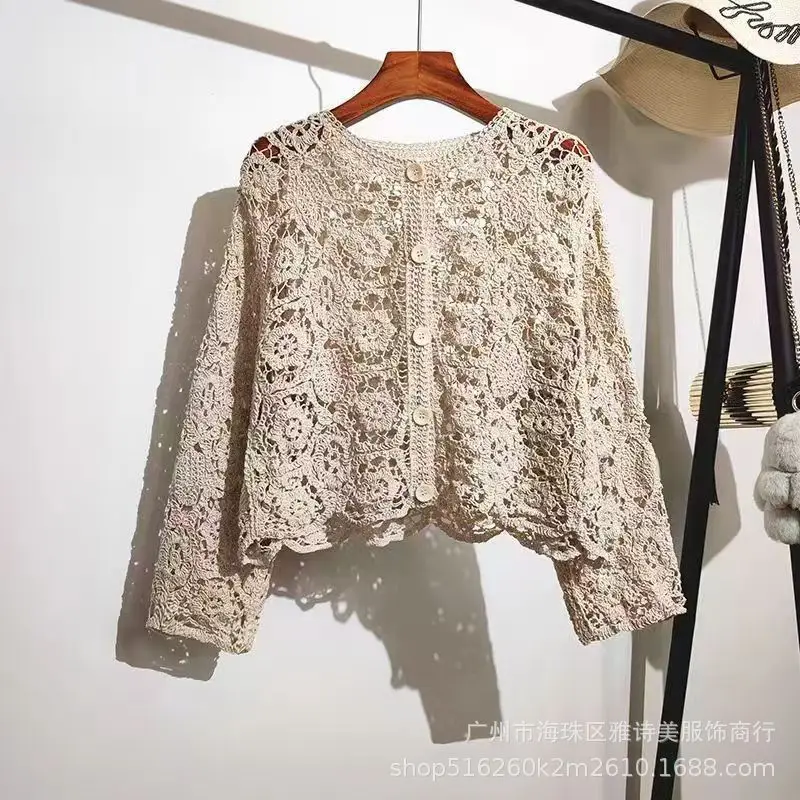 White Hollow Lace Knitted Cardigan for Women - Image 33